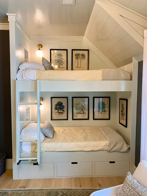 Built In Bunks Attic, Lake House Loft Bedrooms, Built In Bunk Beds Angled Ceiling, Vaulted Ceiling Bunk Beds, Lake Room Ideas Bedrooms, Small Lake House Bedroom, Built In Bunks Slanted Ceiling, Built In Bunk Beds Slanted Ceiling, Playroom Bunk Beds