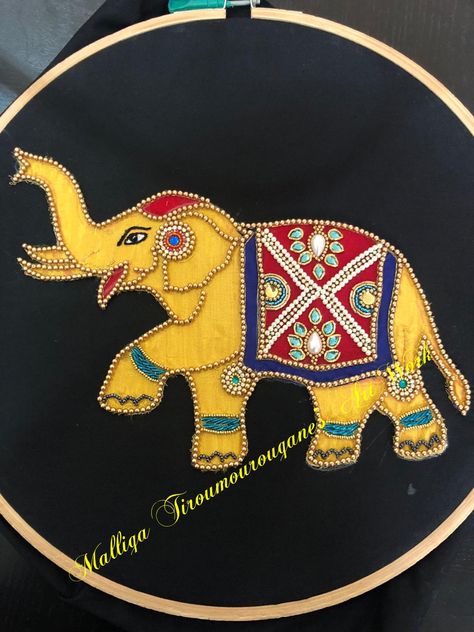 Elephant Drawing Aari Work, Elephant Motif Aari Design, Indian Patchwork Embroidery, Elephant Drawing For Aari Work, Pipli Art Motif, Aari Work Elephant Designs, Fabric Paint With Aari Work, Elephant Aari Design, Elephant Fabric Painting