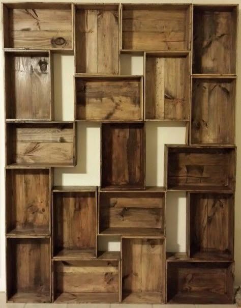 DIY shelving from old wine boxes Stain them and stack them to look interesting. Makes for unique decorative shelving. Old Wooden Boxes Ideas Decor, Diy Box Shelves, Old Shelves, Old Boxes Wooden Ideas, Wine Box Decor, Wine Boxes Ideas, Wine Crates Ideas Decor, Wine Crate Shelves, Wine Boxes Ideas Projects