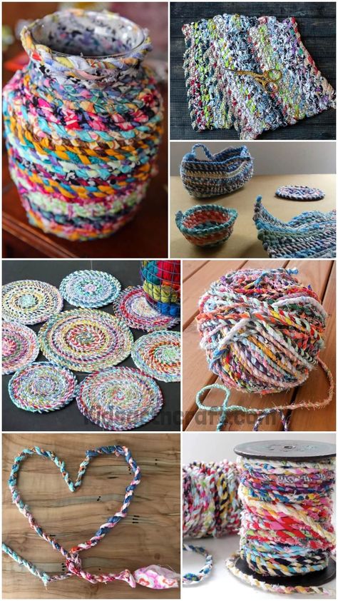 Fabric Twine Crafts Fabric Twine Projects Ideas, Fabric Scrap Twine, Making Twine From Fabric Scraps, Recycle Fabric Ideas, Crochet With Fabric Strips, Textile Recycling Projects, Twine Weaving, Fabric Twine, Fabric Twine Projects