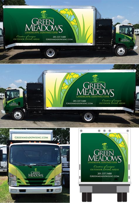 Green Landscaping Contractor Truck Wrap Design by Paul Kiesche. The wrap features a green and yellow design with flowers and grass to compliment the company branding.   #landscapecontractor #landscaper #truckwrap #vehiclewrap #greentruckwrap Truck Design Graphics, Contractor Truck, Truck Wraps Graphics, Truck Wrap Design, Van Graphics, Bus Motorhome, Matte Cars, Delivery Trucks, Truck Wrap