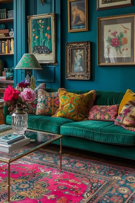 29 Maximalism Home Decor Ideas for a Vibrant Home Boho Living Room Color Scheme, House Lounge Room, Boho Color Scheme, Maximalism Home, Whimsical Farmhouse, Funky Living Rooms, Boho Living Room Ideas, Home Transformation, Vibrant Home