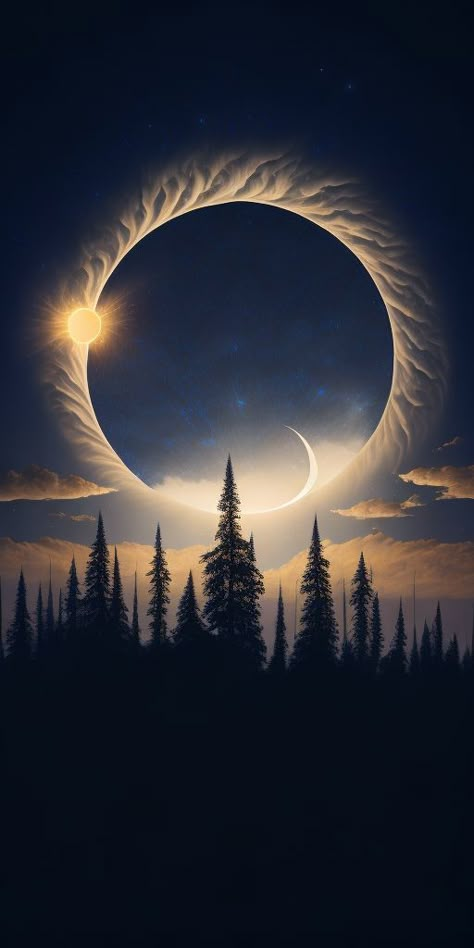 The annular solar eclipse starts when we see the moon slowly moving in front of the Sun. At first, it looks like a small black dot taking over the bright Sun. Then, as the moon keeps moving, a glowing ring appears around its dark shape. This ring is called the "ring of fire" and it makes the sky look magical. The bright glow around the moon reminds us of the powerful forces that exist in our solar system. It's a truly amazing sight to see! Sun Moon Images, Eclipse Phone Wallpaper, Solar Eclipse Background, Ring Of Fire Eclipse, Solar Eclipse Drawing Art, Eclipse Painting Ideas, Moon Eclipse Aesthetic, Solar Eclipse Quotes, Solar Eclipse Aesthetic