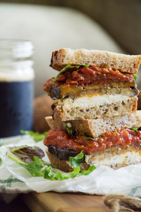 Artisan Sandwiches, Eggplant Grilled, Goat Cheese Sandwich, Tomato Goat Cheese, Tomato Eggplant, Eggplant Sandwich, Multi Grain Bread, Slow Roasted Tomatoes, Small Eggplant