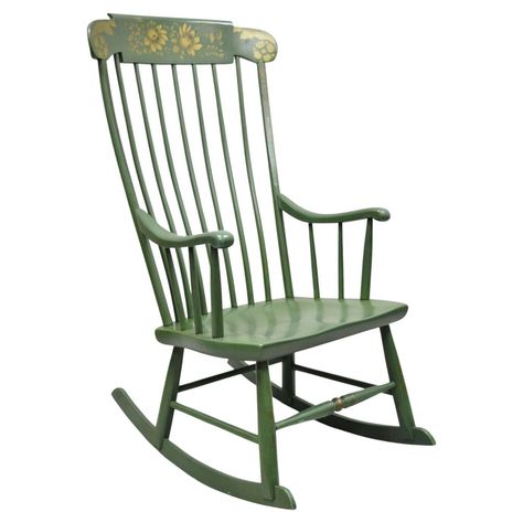 Heywood Wakefield green hitchcock style stencil decorated rocker rocking chair. Item features original green painted finish, stencil paint decorated top rail, original stamps, quality American craftsmanship, great style and form. Circa mid-20th century. Measurements: 42" H x 22" W x 33" D x 16" seat height x 24.5" arm height. Green Rocking Chair, Rocking Chair Makeover, Painted Rocking Chairs, Stencil Paint, Vintage Rocking Chair, Rattan Rocking Chair, Heywood Wakefield, Studio Apt, Blue Toile