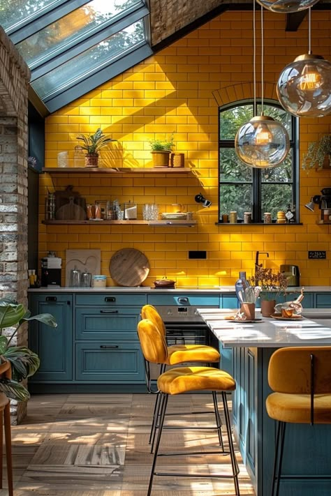 eclectic kitchen, kitchen inspo, funky kitchen, kitchen ideas, whimsical kitchen, kitchen inspiration, yellow kitchen, blue kitchen Fun Kitchen Design Ideas, Interior Design Kitchen Colorful, Small Maximalist Kitchen, Eclectic Style Kitchen, Bright Colourful Kitchen Ideas, Eclectic Minimalist Kitchen, Maximalist Tiny House, Vintage Maximalist Kitchen, Vibrant Kitchen Ideas