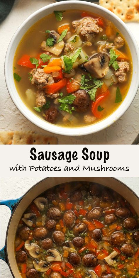 Sausage soup with potatoes and mushrooms is a cozy, filling dish featuring savory sausage, tender potato chunks, and earthy mushrooms. Simmered in a flavorful broth with herbs and spices, it’s a comforting bowl perfect for chilly days. Ground Sausage Soup, Vegetable Soup With Potatoes, Sausage Vegetable Soup, Potatoes And Mushrooms, Soup With Potatoes, Quick Soup, Italian Sausage Soup, Quick Pasta, Homemade Soup Recipe