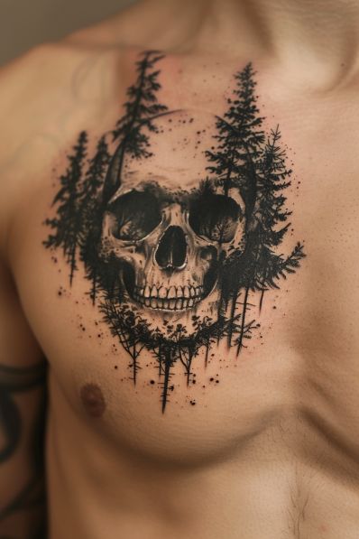 Skull Tree Tattoo Design, Shoulder Pieces Tattoo, Skull With Trees Tattoo Design, Dark Side Tattoo Design, Back Skull Tattoo For Men, Skull Forearm Tattoo Men, Skull Tattoo Design For Men, Hearts Tattoos For Women, Skull Tattoo For Men