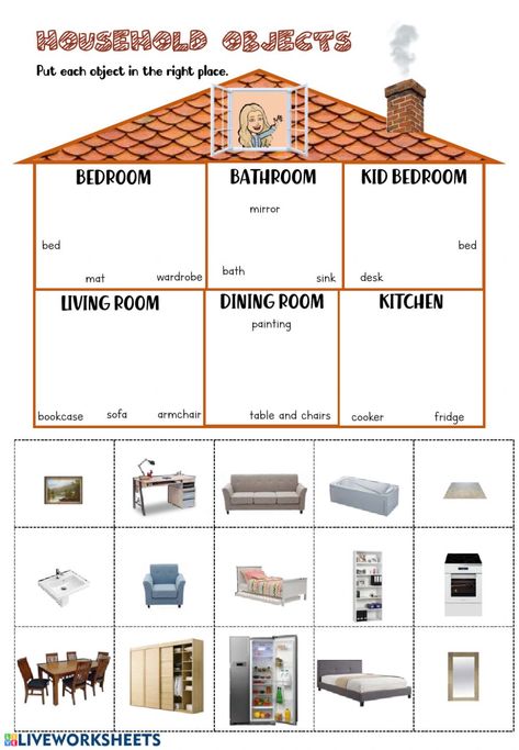 Household objects - Interactive worksheet My House Worksheet For Preschool, House Worksheets For Kids, House Activities For Kids, House Worksheet, House Objects, Reading Comprehension For Kids, Reading Comprehension Kindergarten, Household Objects, Kids Worksheets Preschool