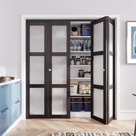 HOZONE 3-Lite Glass Door Solid Manufactured Wood Ancient Wood Color Bi-Fold Door with Installation Hardware | Wayfair Classic American Home, Bifold Doors Makeover, Wood Closet Doors, Laundry Doors, Glass Closet Doors, Glass Pantry Door, Fold Door, Bi Fold Door, Bifold Closet Doors