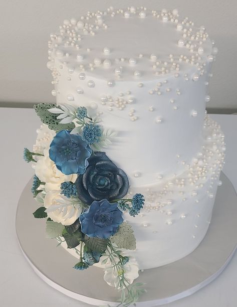 Dusty Blue and pearl  wedding Blue Pearl Wedding Cake, Dusty Blue Wedding Cakes, Blue And Pearl Wedding, Blue And Silver Cake, Wedding Cake Designs Blue, Nikkah Cake, Wedding Cake Dusty Blue, Pearl Wedding Cake, Wedding Cake Pearls