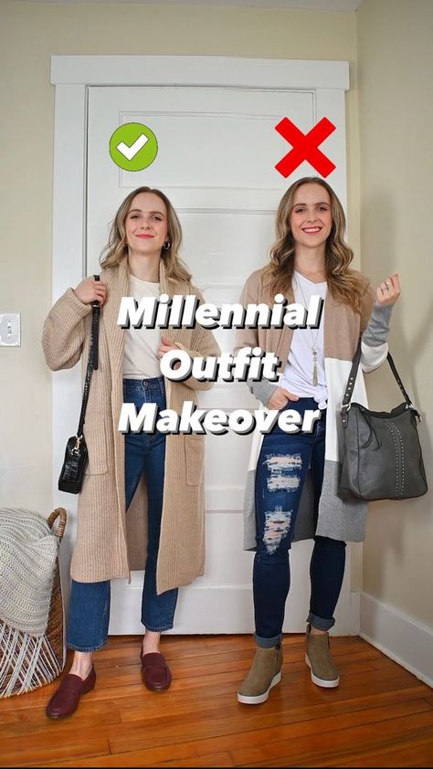 265K views · 76 reactions | Millennial makeover! (Comment DETAILS to have this makeover sent straight to your DMs)💕 Sharing an easy way to update this fall sweater look to fit the latest trends. . . . Outfit update, outfit makeover, fall outfit inspo, casual fall outfit, sweater outfit . #casualoutfitideas #falloutfitideas #fashionupdate #millenial #fashiontips | Two Scoops of Style | Jungle · Candle Flame Millenial Outfit Makeover, Updated Millenial Outfits, Millennial Makeover, Millenial Outfit Updates, Millennial Outfit, 2024 Lookbook, Casual Fall Outfit, Teacher Wardrobe, Candle Flame