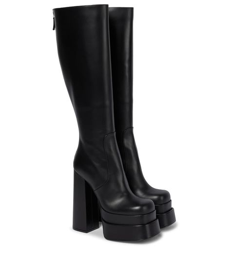 Versace Knee High Boots, Black Platform Heel Boots, Black Gogo Boots, Black Leather Boots Knee High, Platform Leather Boots, High Fashion Boots, Versace Boots, Versace Leather, Knee High Platform Boots