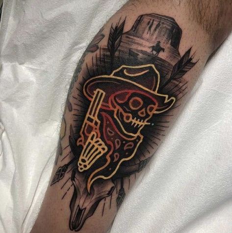 Jake Gordon Tattoo, American Traditional Wrench Tattoo, Skeleton Driving Car Art, Traditional Bicep Tattoo Men, Western Elbow Tattoo, American Traditional Skeleton Tattoo, Western Tattoo For Men, Cowboy Tattoos For Men Traditional, American Traditional Tattoos Cowboy