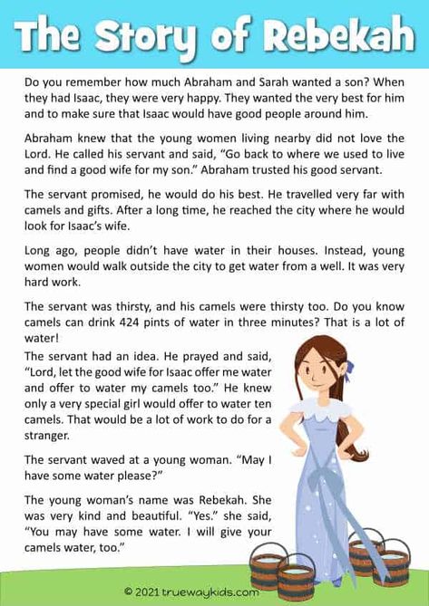 Check out this pin for all the details you need to teach your 5-10 year old kids about the Rebekah Bible story! With worksheets, study guide, Bible story, games, crafts, coloring pages, and more, your kids will love learning about this amazing woman from the Bible. Rebekah Bible Woman, Isaac And Rebecca Bible Story, Bible Reading For Kids, Bible Stories For Kids Sunday School, Bible Story Games, Bible Stories To Read, Rebekah Bible, Abraham Bible Story, Children Bible Stories