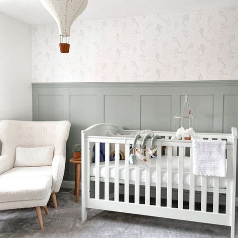 Panelling One Wall, Nursery With Panelling, Wood Panel Nursery, Nursery With Wall Paneling, Kids Room Wall Panelling, Nursery Room Panelling, Nursery Wall Paneling Ideas, Half Wall Paneling Nursery, Nursery Wood Paneling