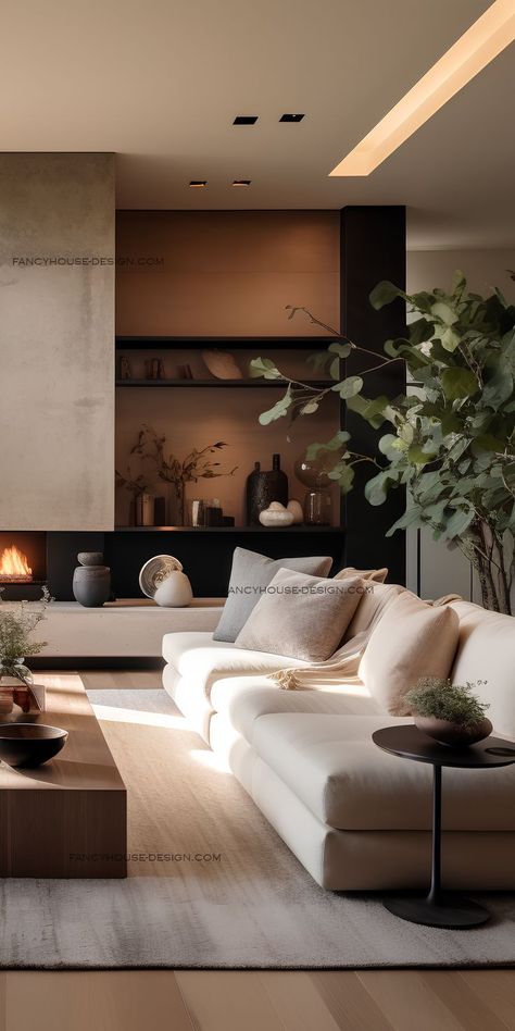 The living room's white walls and wooden accents form a stylish, modern interior. Large, comfortable seating in the living room makes it a favorite spot in the modern home. Style Deco, Home Fireplace, Living Room Inspo, Design Wall, Large Living Room, Home Wallpaper, Decoration Home, Floor Decor, Dream Home Design