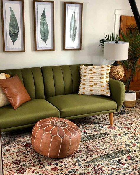 Living Room Green Sofa, Green Velvet Sofa Living Room, Burnt Orange Living Room, Green Interior Decor, Green Sofa Living Room, Havenly Living Room, Natural Fiber Area Rug, Green Couch, Living Room Orange