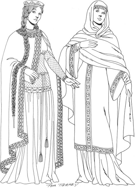 Left:  Frankish noblewoman wears a mantle over a  mail girdle with mail sleeves over a bliaud. Right:  Norman noblewoman is wearing a mantle, bliaud, and chainse (9th C) Byzantine Fashion, Fashion Coloring Book, Eastern Roman, Medieval Clothes, Byzantine Empire, Byzantine Art, Medieval Clothing, Medieval Fashion, Historical Costume