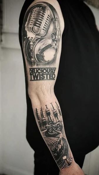 Music Man Tattoo, Mens Music Tattoos, Music Tattoos For Men, Music Producer Tattoo, Music Sleeve, Musical Tattoos For Guys, Tattoo Ideas For Men Music, Music Hand Tattoo, Music Tattoo Ideas For Men Sleeve