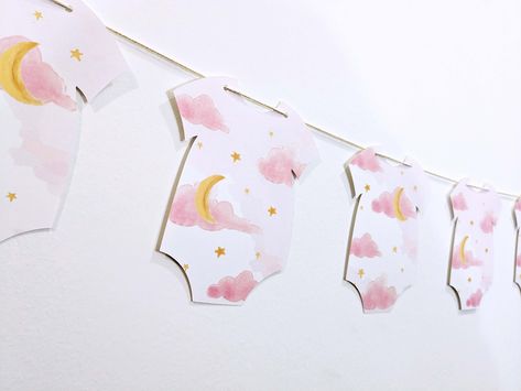 Onesie Garland, Gender Reveal Banner, Baby Shower Garland, Moon Baby Shower, Moon Baby, Baby Shower Banner, Baby Sprinkle, Flag Bunting, Pink Baby