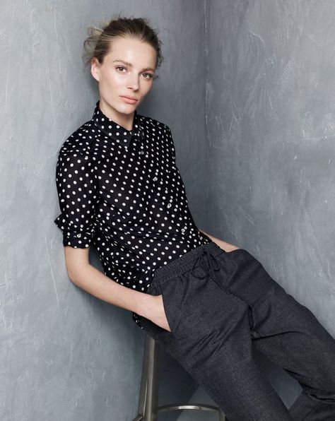 The polka-dot voile shirt and drapey wool sweatpant Polka Dot Shirt Outfit, September Style, Dots Outfit, September Fashion, Polka Dots Outfit, J Crew Style, Dot Shirt, Polka Dot Shirt, Jcrew Women