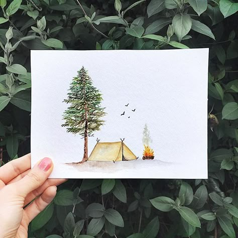 (@rosies.sketchbook) A camp fire doodle, I had seen a simple doodle like this before and decided to make one myself with watercolours Simple Camping Painting, Easy Watercolor Nature, Camping Watercolor Painting, Watercolor Camping Scene, Simple Mountain Watercolor, Watercolour Inspiration Simple, Simple Tree Painting, Camp Watercolor, Simple Watercolor Ideas