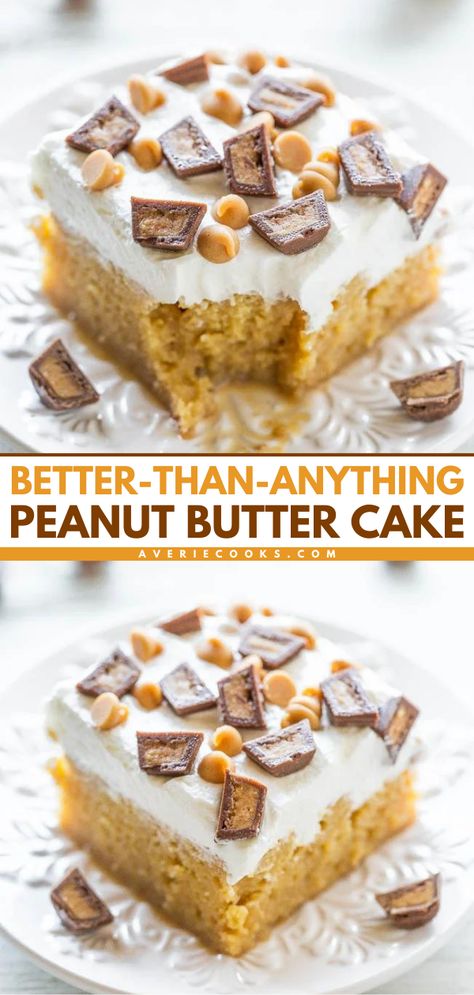 Peanut Butter Poke Cake — This peanut butter poke cake is a super easy cake recipe. It's packed with peanut butter flavor and topped with a mix of peanut butter chips and peanut butter cups. Poke cakes don't get tastier than this! White Reeses Cake, Cake With Peanut Butter, Peanut Butter Poke Cake Reeses, Peanut Butter Pudding Cake, 9x9 Cake Recipe, Peanut Butter Tres Leches Cake, Peanutbutter Chocolate Cake, Peanut M&m Cake, Peanut Butter Coffee Cake