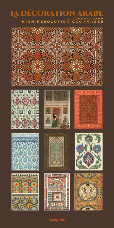 Download these lithograph plates of Arabian interior patterns artworks include ornamental art from the Middle East, precise measured drawings, pattern details, and medieval Islamic city architecture illustrations. Arabian Culture Art, Middle East Decoration, Arabian Pattern Design, Islamic Art Illustration, Persian Architecture Pattern, Arab Culture Art, Middle East Illustration, Arabian Art Middle East, Middle East Interior Design