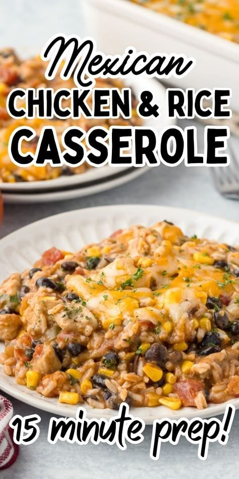 This Mexican Chicken and Rice Casserole, also known as Fiesta Chicken Casserole is a family favorite with tender chicken, fluffy rice, black beans, corn, and zesty salsa. With just 15 minutes of prep and 40 minutes of baking, it's a Tex-Mex delight perfect for busy nights! Mexican Chicken Rice Casserole, Mexican Chicken And Rice Casserole, Fiesta Chicken Casserole, Cheesy Chicken Rice, Rice Black Beans, Mexican Chicken And Rice, Mexican Chicken Casserole, Fiesta Chicken, Black Beans Corn