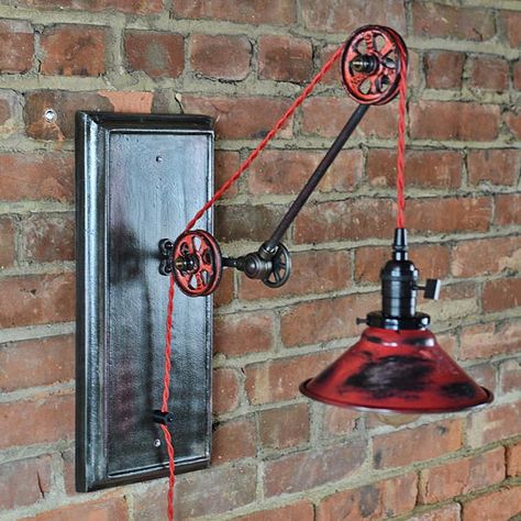 Wall Lamps Diy, Diy Industrial Lighting, Pulley Light, Steampunk Lighting, Pulley System, Industrial Table Lamp, Loft Decor, Steampunk Lamp, Ceiling Light Design