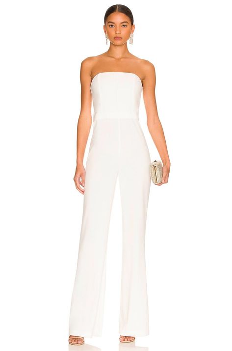 Back Panel Design, Olivia White, Wedding Party Outfits, Perfect Pant, Alice And Olivia, White Jumpsuit, Off White Color, Crepe Fabric, Fashion Help