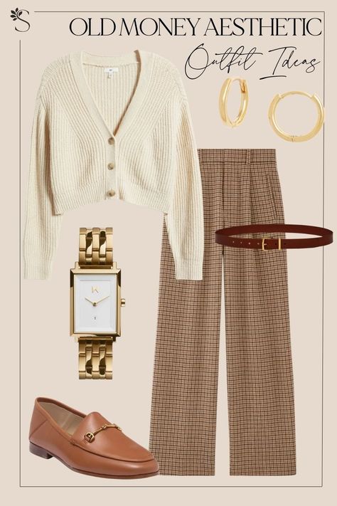 Old Money Aesthetic Outfits - Cardigan and Trousers Old Money Outfits Medium Size, Business Cardigan Outfit, Old Money Cardigan Outfit, Young Mom Style, Cardigan Outfit Ideas, Preppy Style Outfits, 2025 Aesthetic, Chic Capsule Wardrobe, Office Fits