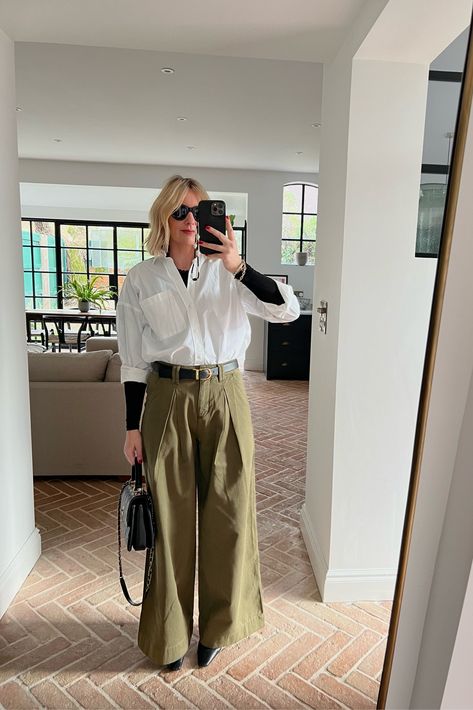 Green Trousers Outfit Winter, Olive Green Trousers Outfit, Shirt With Wide Leg Pants, Trousers Outfit Winter, Green Trousers Outfit, Olive Green Trousers, Military Green Pants, Cream Wide Leg Trousers, Cable Knit Sweater Outfit