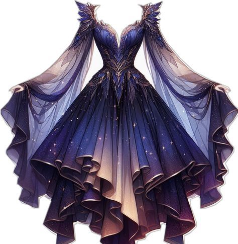 Fantasy Dresses Art, Fantasy Dress Design Art, Mystic Dress, Mystical Outfits, Fantasy Dress Design, Manhwa Pfp, Comic Painting, Digital Dress, Sky Dress