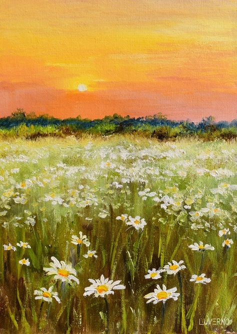 A spring afternoon Oil painting by LuvernoArt | Artfinder Nature Paintings Acrylic, Easy Landscape Paintings, Spring Afternoon, Wildflower Paintings, Oil Painting Nature, Farm Paintings, Illustration Mignonne, Canvas For Beginners, Canvas Painting Designs