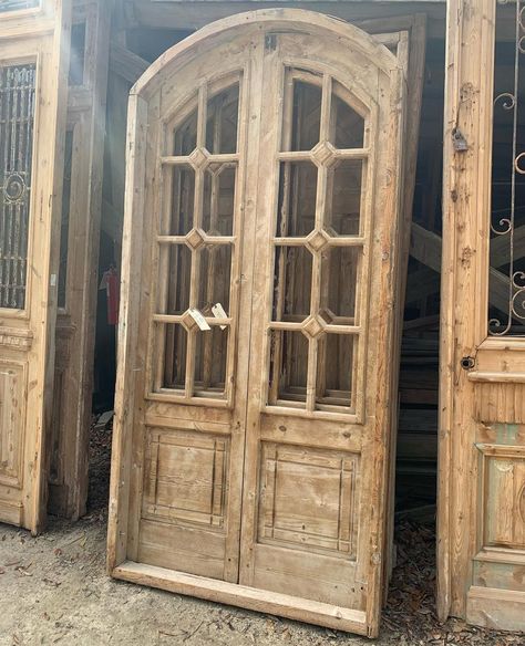 We love this set of arched French doors. We have two sets available. Measures 44” wide by 7’9” tall (doors). DM to inquire or purchase. | Instagram Arch French Doors, Glass Arch Door, Greenhouse Castle, House Add Ons, Vintage French Doors, French Doors Inside, Arched French Doors, Tall Doors, Attic Door