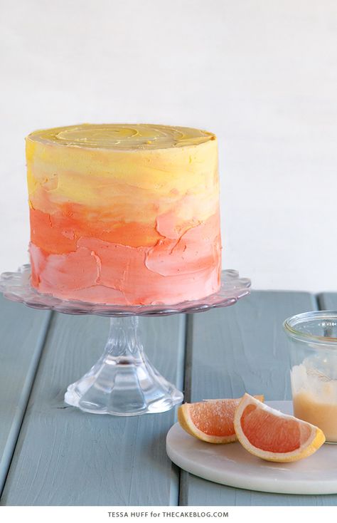 Citrus Birthday Cake, Sunset Cake Design, Red And Yellow Cake, Sunrise Cake, Sunset Cake, Buttercream Icing Cake, Orange Birthday Cake, Grapefruit Cake, Grapefruit Curd