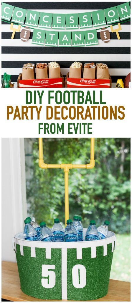 DIY football party decorations from @Evite #ad #HomeBowl Philadelphia Eagles Food Ideas, Super Bowl Birthday Cake, Office Tailgate Party Ideas, Football Decorations For Home, 1st Down Football Birthday Party, Diy Football Party Decorations, Football Concession Stand, First Down Birthday Party, First Year Down Football Birthday