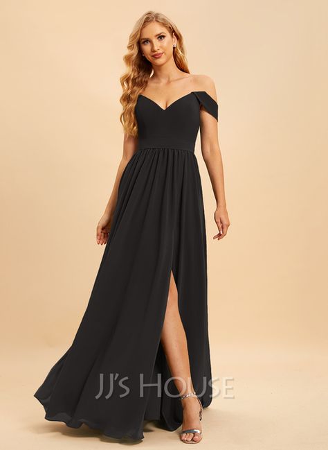 A-Line Off-the-Shoulder Floor-Length Chiffon Bridesmaid Dress With Split Front (007272693) - JJ's House Dress With Split, Floor Length Chiffon Bridesmaid Dresses, Chiffon Bridesmaid Dress, Floor Length Dresses, Chiffon Bridesmaid, Dress With Lace, Custom Dresses, Bridesmaid Dress, I Dress