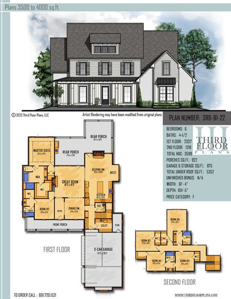 House Plans 6 Bedrooms 2 Story, 3 Bathroom House Plans, Garage With Storage, House Plans 2 Story, Farmhouse House Plans, Mother In Law Suite, Tray Ceilings, Farmhouse Designs, Build Home