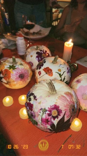 Pumpkins And Petals, Best Friend Pumpkin Painting Ideas, Pumpkins And Petals Party, Pumpkin Decorating With Flowers, Fall Sweet 16 Ideas, Dried Flowers On Pumpkins, Mod Podge Pumpkins, Pumpkin With Dried Flowers, White Pumpkin Decorating Ideas