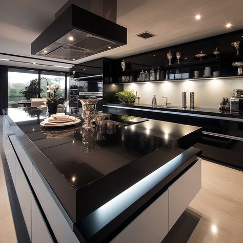 Mansion Inside Kitchen, Black Luxury Kitchen Aesthetic, Big Kitchen Luxury Black, Villa Kitchen Luxury, Big Modern Houses Luxury Black, Big Houses Mansions Luxury Dream Homes Black, Modern Mansion Interior Kitchen, Expensive Houses Luxury Inside, Big Modern Kitchen Design Luxury