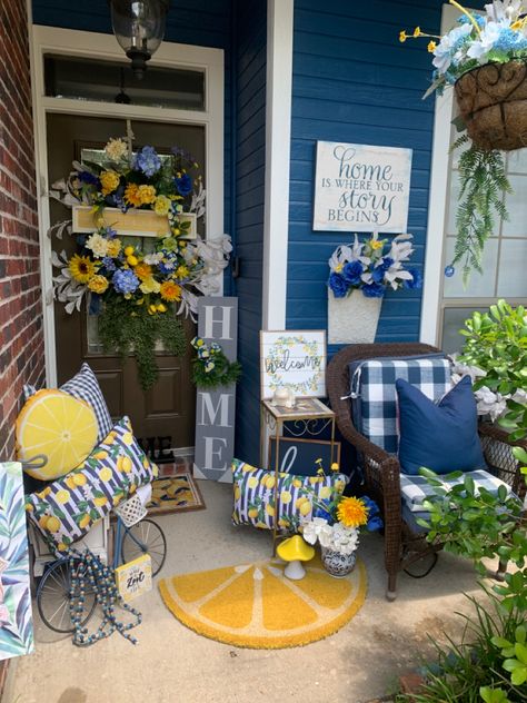 Blue And Yellow Decor Ideas, Blue Porch Decorating Ideas, Blue And Yellow Porch Decor, Lemons And Blue Decor, Blue White Yellow Decor, Blue House Porch Decor, Lemon And Blue Kitchen Decor, Lemon Porch Decor Ideas, Lemon Living Room Decor