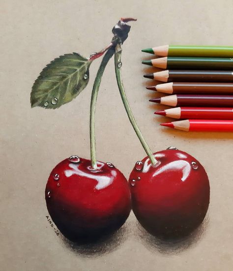 Aino Lappalainen on Instagram: “Here's my first ever commission drawing! 🤩 I did it for our local grocery store which is named Kirsikka. The owner wanted cherries because…” Banana Artwork, Tattoo Strawberry, Painting Strawberries, Watercolour Fruit, Cherry Painting, Cherry Drawing, Pineapple Tattoo, Crayons Pastel, Color Pencil Sketch