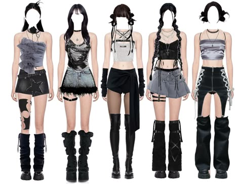 K Pop Stage Outfits Ideas 5 Members, Shoplook Kpop, Black Kpop Outfit, Kpop Stage Outfits Ideas 5 Members, 5 Member Outfits, K Pop Outfit Ideas, Stage Outfits 5 Members, Debut Outfit, Idols Outfits