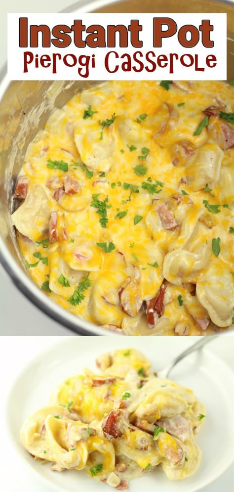 Instant Pot Pierogi Casserole–an easy 7-ingredient pressure cooker recipe for a comforting casserole of pierogies, polish sausage, bacon and cheese. Instapot Supper Ideas, Instant Pot Casseroles, Instant Pot Pierogies And Kielbasa, Pierogi Instant Pot, Instant Pot Pierogi Casserole, Polish Sausage And Pierogi Casserole, Instant Pot Best Recipe, Pressure Cooker Casserole Recipes, Instant Pot Burgers