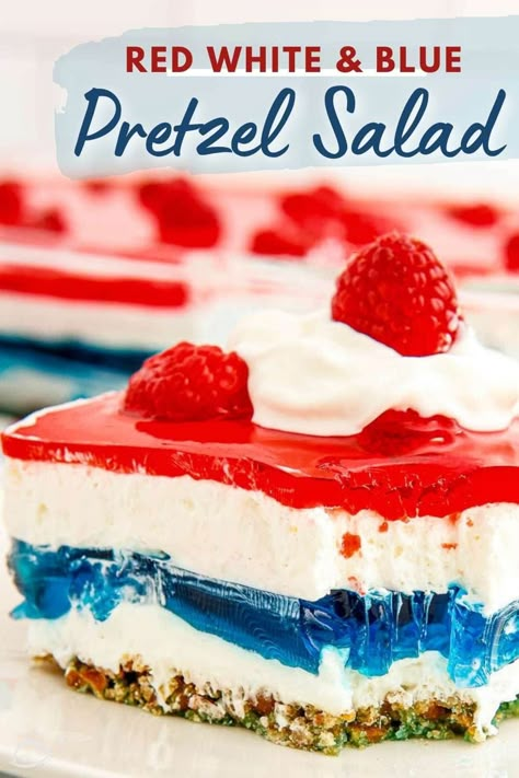 4th Of July Jello Pretzel Salad, Patriotic Jello Salad, Layered Jello Mold Recipes, Red White Blue Pretzel Salad, Patriotic Fluff Salad, 4th Of July Lasagna, 4th Of July Jello Salad, Cold 4th Of July Desserts, 4th Of July Pretzel Salad