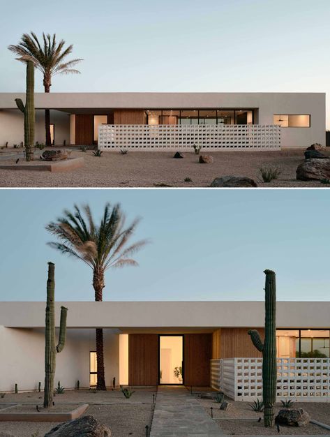 A Contemporary Desert Home With Mid-Century Modern Design Elements Mid Century Spanish Style Exterior, Mid Century Modern Desert Home, Desert Home Plans, Modern Desert House Exterior, Palm Tree Architecture, Desert House Exterior, Desert Modern House, Desert Home Exterior, Industrial House Plans