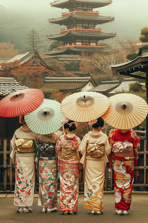 Traditional Japanese kimonos, patterned umbrellas, cultural attire, historic pagoda, Japan, autumn foliage, elegant kimono patterns, Japanese women, cultural heritage, travel Japan, historic architecture, autumn in Japan, kimono fabric, traditional Japanese fashion, geisha attire, tourism, cultural exploration, serene landscape, kimono obi, Japanese tradition. Japanese Pagoda, Hawaii Wall Art, Japanese Umbrella, Group Of Women, Traditional Kimono, Autumn Foliage, Traditional Attire, Do You Know What, Fall Foliage